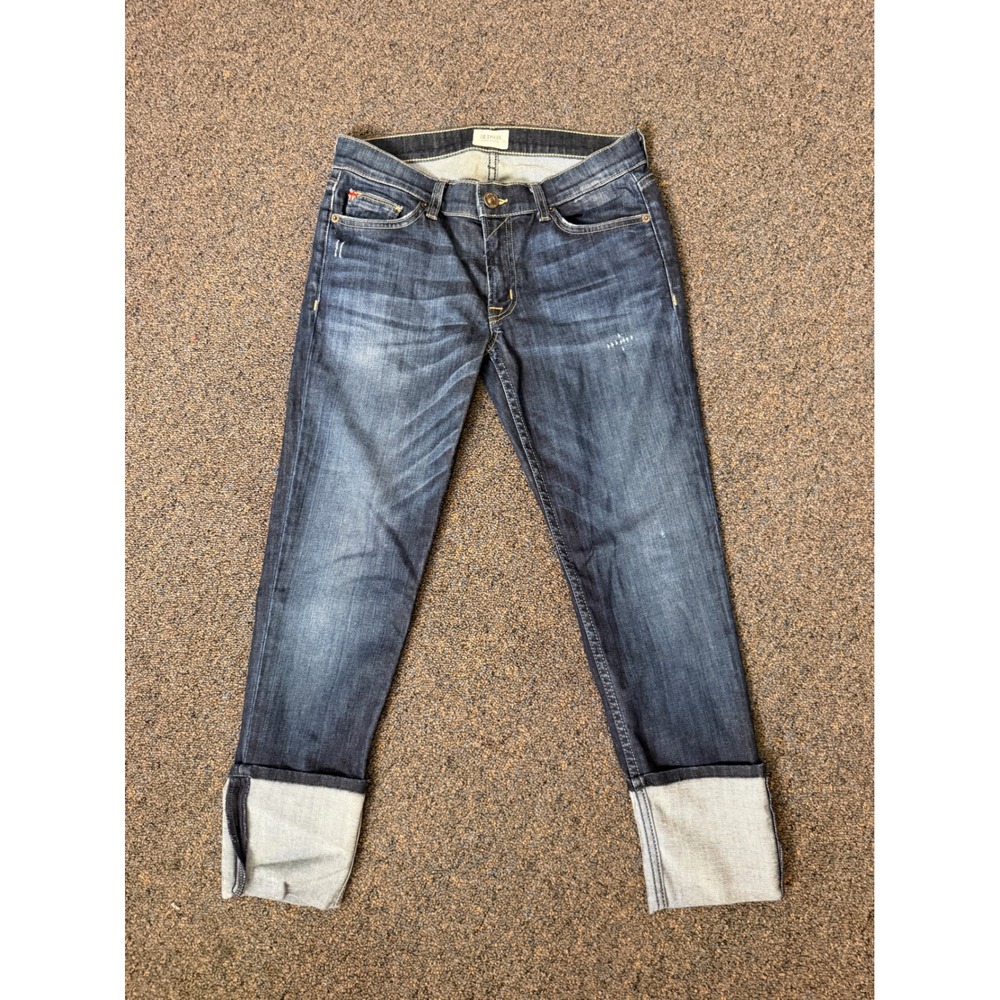Hudson Crop Muse Skinny Factory Distressed with 5" Cuff Size 28 Dark Wash Jeans - Picture 2 of 14